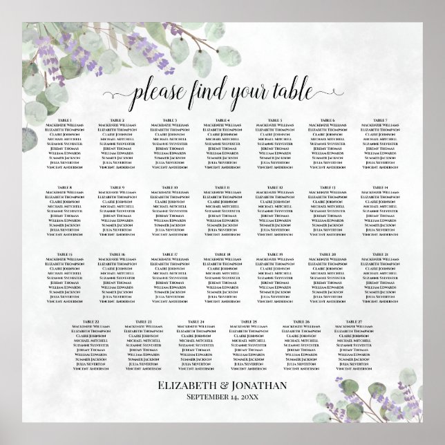 Lavender Eucalyptus 27 Table Wedding Seating Chart (Front)