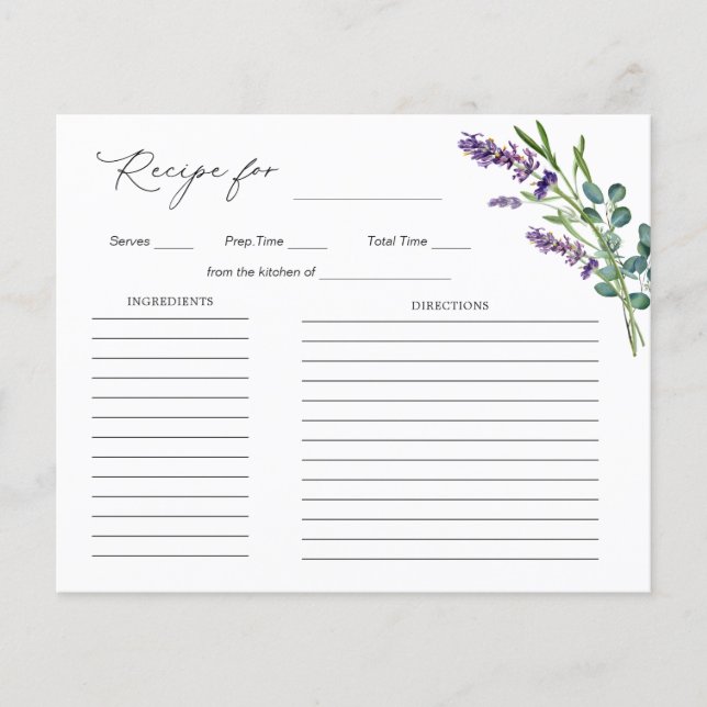 Lavender Eucalyptus Bridal Shower Recipe card (Front)