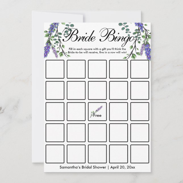 Lavender eucalyptus elegant Bridal bingo game card (Front)