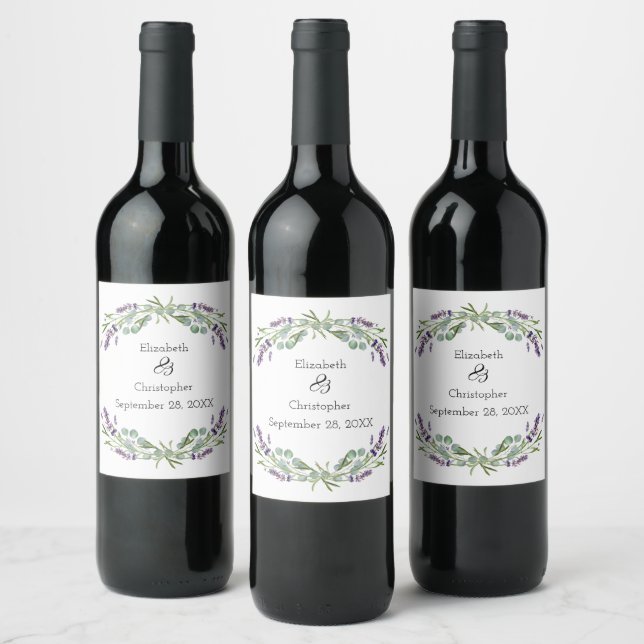Lavender Eucalyptus Floral Botanical Wedding  Wine Label (Bottles)