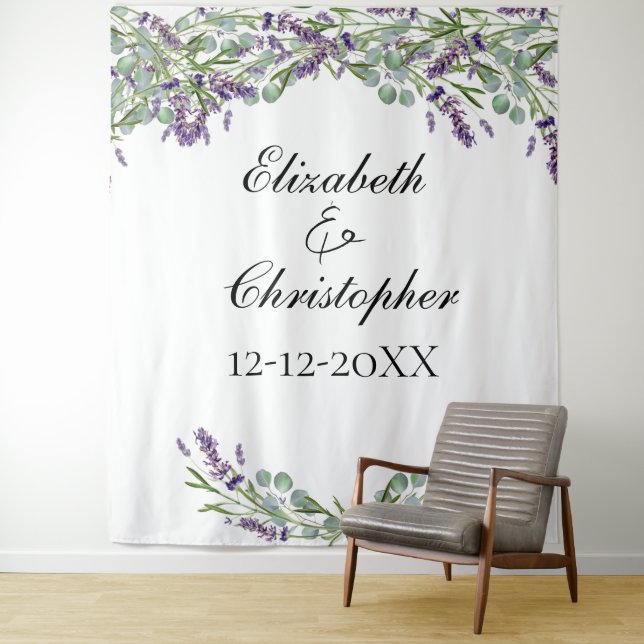 Lavender Eucalyptus Floral Wedding Photo Backdrop Tapestry (In Situ)