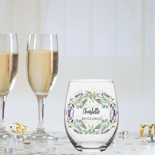 Lavender eucalyptus greenery bridesmaid name stemless wine glass