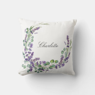 Lavender eucalyptus greenery name script outdoor pillow