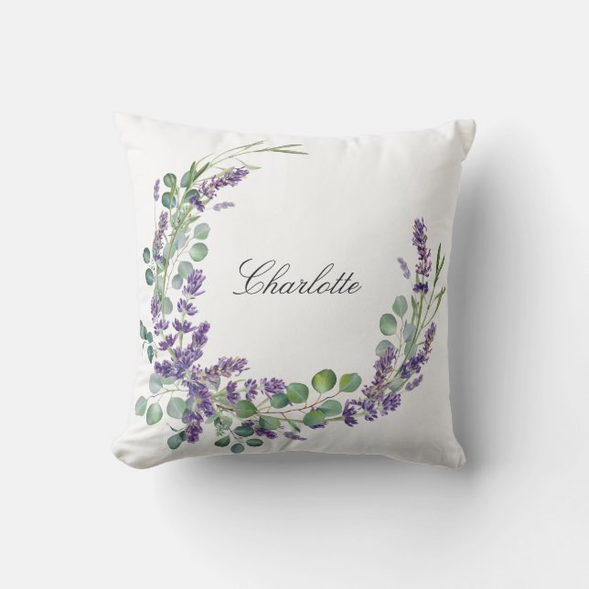 Lavender eucalyptus greenery name script outdoor pillow (Front)