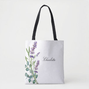 Lavender eucalyptus greenery name script white tote bag