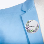 Lavender eucalyptus greenery name tag 1 inch round button<br><div class="desc">A chic white background. Decorated with lavender flowers and eucalyptus greenery.  Personalize and add a name.</div>