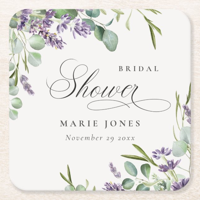 Lavender Eucalyptus Leafy Foliage Bridal Shower Square Paper Coaster (Front)