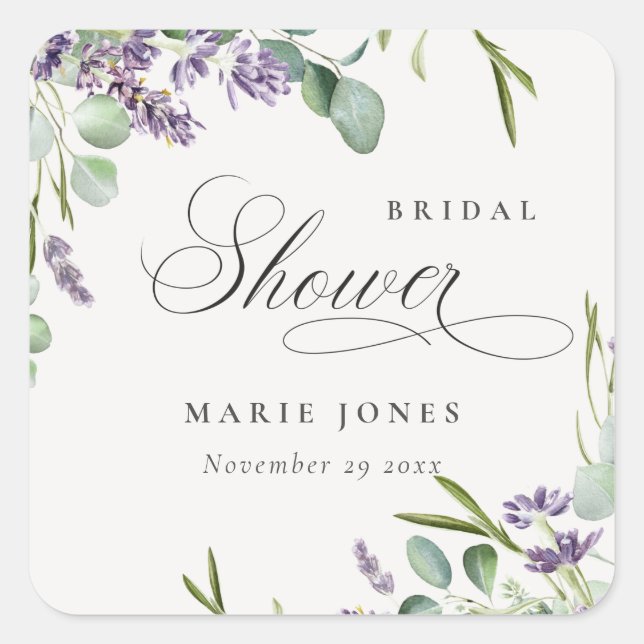 Lavender Eucalyptus Leafy Foliage Bridal Shower Square Sticker (Front)