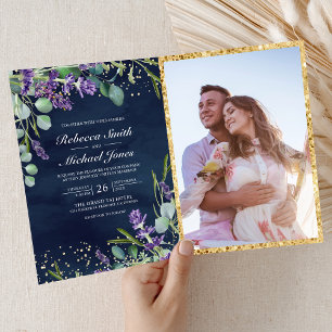 Lavender Eucalyptus Navy Blue QR Code Wedding Invitation