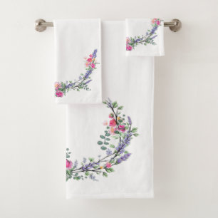 Lavender Eucalyptus pink roses watercolor Bath Towel Set