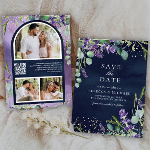Lavender Eucalyptus QR Code Photo Navy Wedding Save The Date
