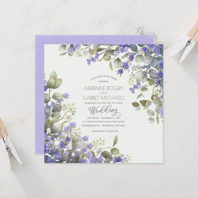 Lavender & Eucalyptus Square Wedding Invitation (Front/Back In Situ)