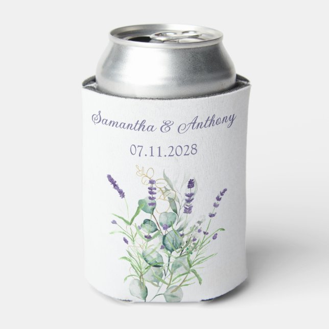 Lavender Eucalyptus Watercolor Herbs Wedding Can Cooler (Can Front)