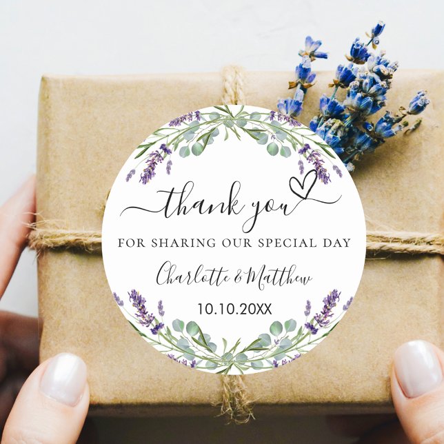 Lavender eucalyptus wedding thank you classic round sticker (Creator Uploaded)
