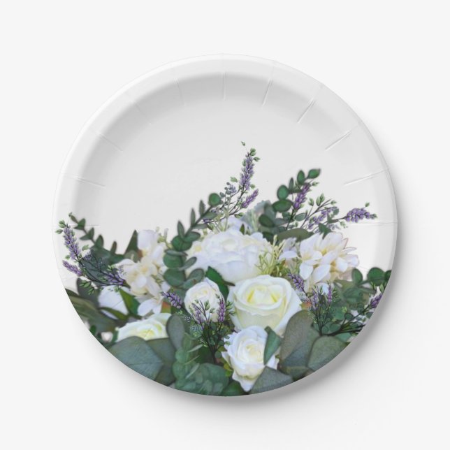 Lavender Eucalyptus white roses greenery      Paper Plate (Front)