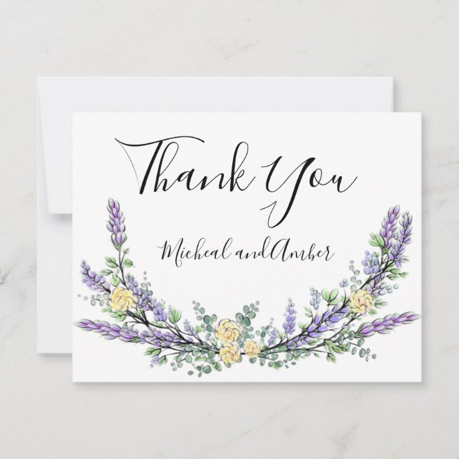 Lavender Eucalyptus yellow roses elegant script Thank You Card (Front)