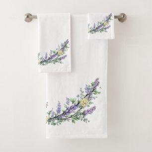 Lavender Eucalyptus yellow roses watercolor Bath Towel Set