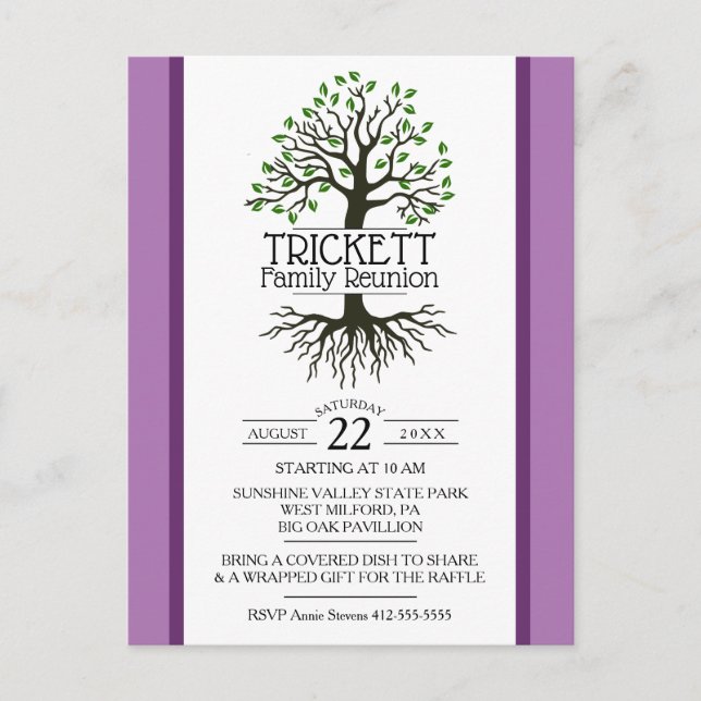 Lavender Family Tree Family Reunion Invitation Postcard (Front)