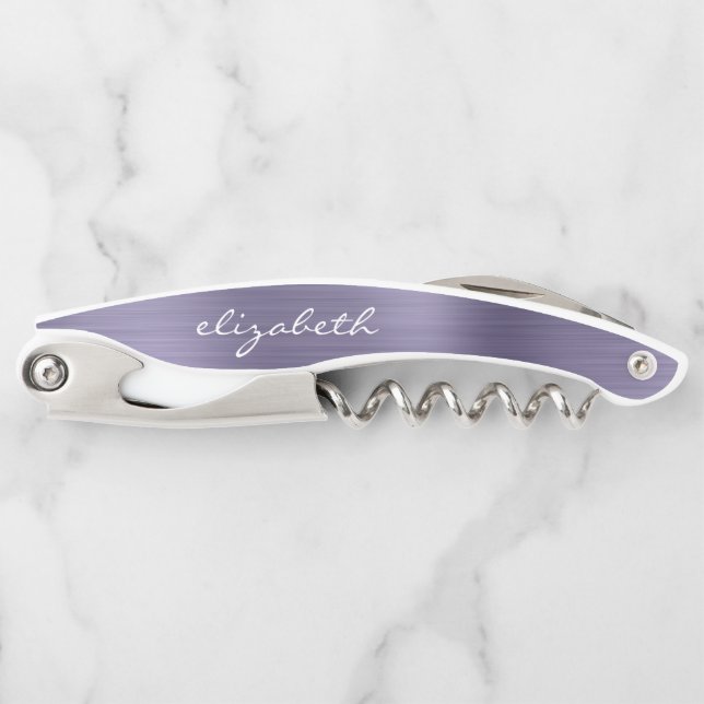 Lavender Faux Brushed Metal Personalized Script Corkscrew (Front)
