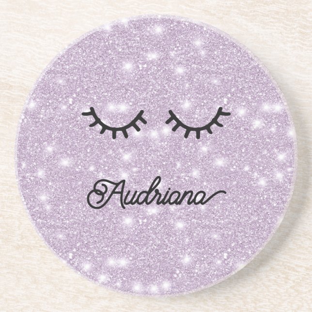 Lavender Faux Glitter Eyelashes Personalized Name Coaster (Front)