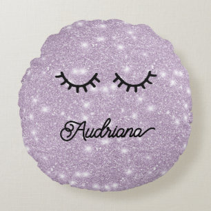 Lavender Faux Glitter Eyelashes Personalized Name Round Pillow