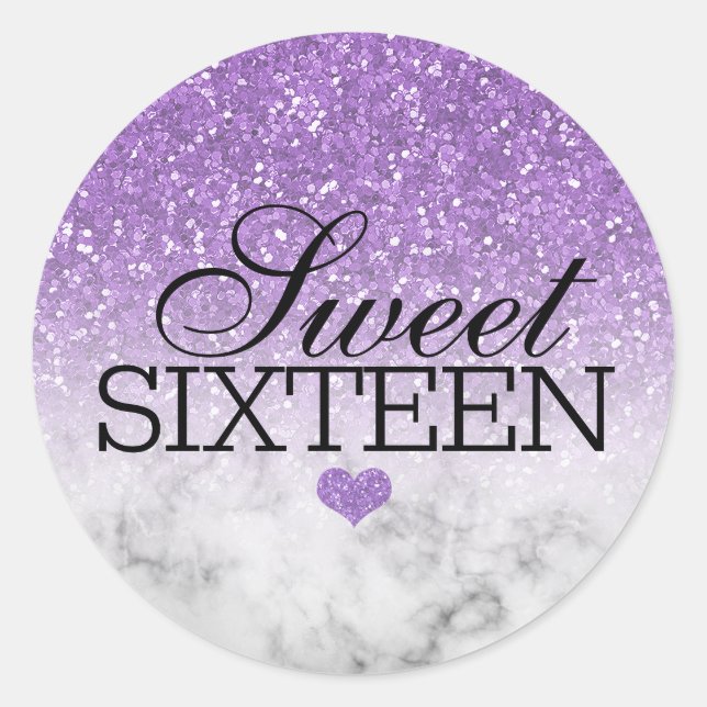 Lavender Faux Glitter/Marble Sweet 16 Classic Round Sticker (Front)