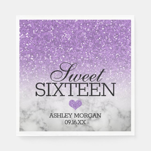 Lavender Faux Glitter/Marble Sweet 16 Napkin (Front)
