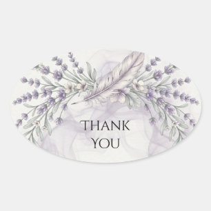 Lavender Feather Boho Wedding Thank You Oval Sticker