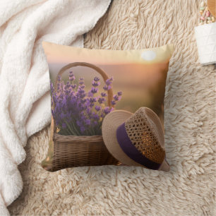 Lavender Field at Sunset – Serene Purple Landscape Throw Pillow