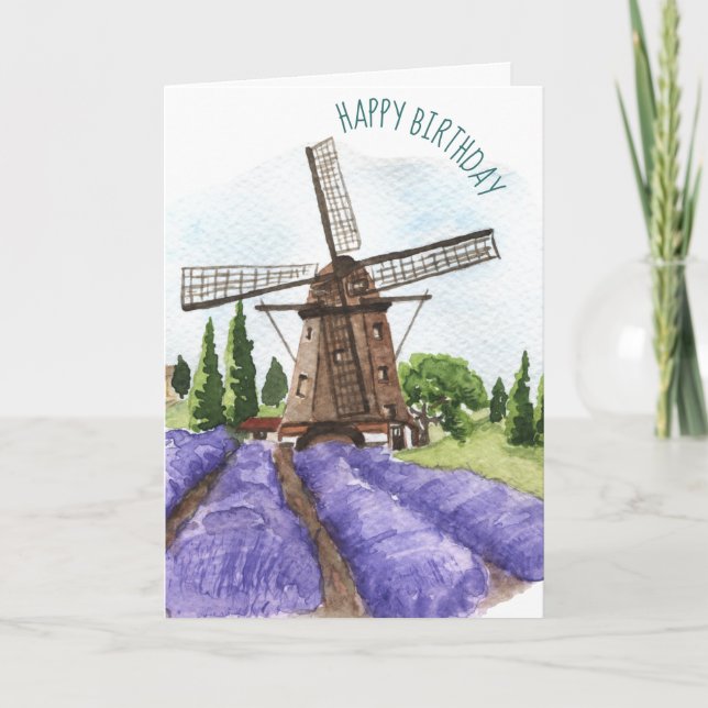 Lavender Fields and Windmill Birthday Card (Front)