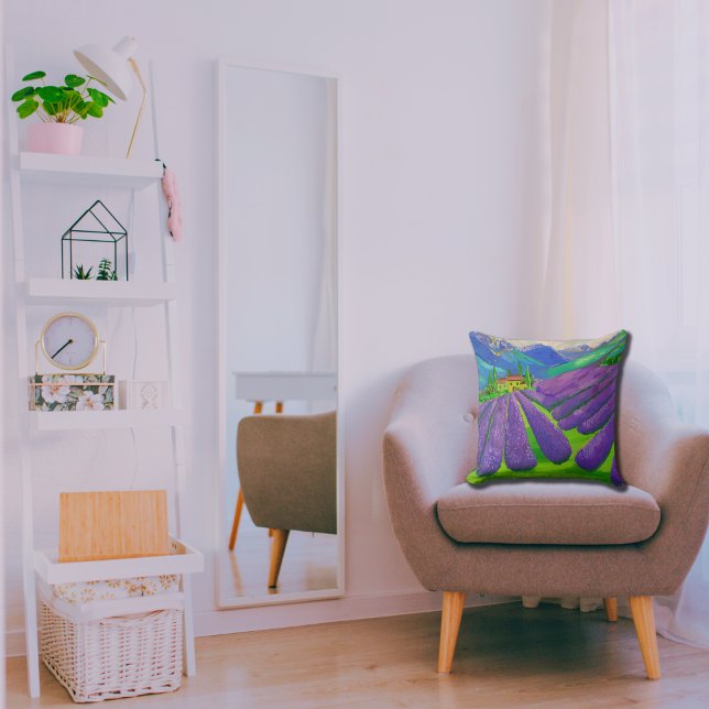 Lavender fields in front of mountains throw pillow (Creator Uploaded)