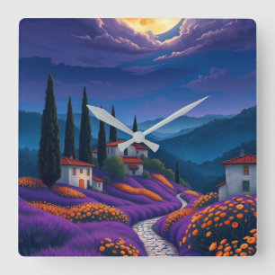 Lavender Fields & Moonlit Italian Village Wall Square Wall Clock