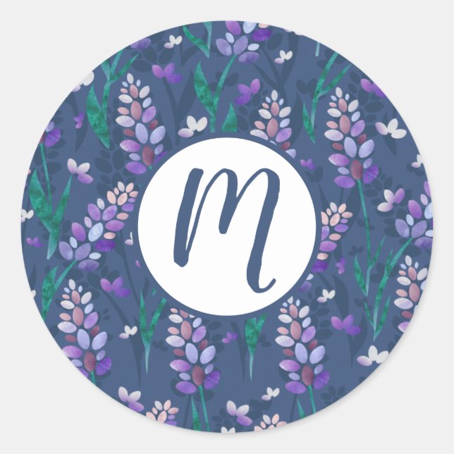 Lavender Fields Pattern in Purple Classic Round Sticker (Front)