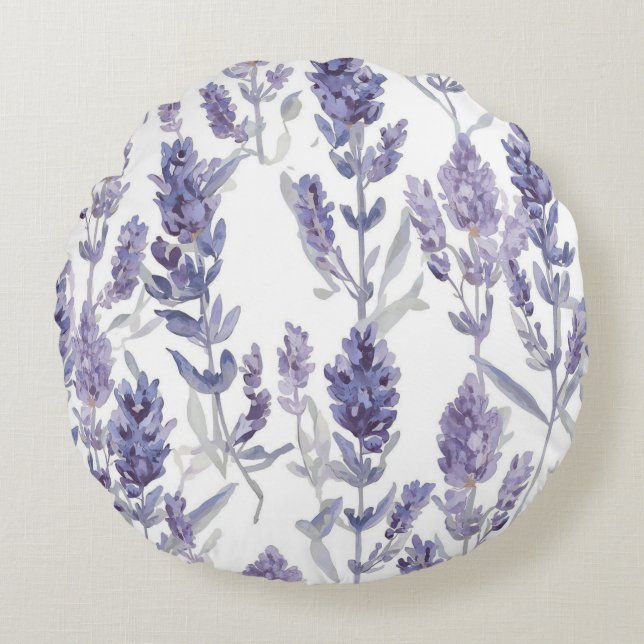 Lavender Fields | Purple Watercolor Flower Pattern Round Pillow (Front)