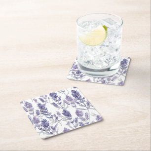 Lavender Fields Purple Watercolor Flower Pattern Square Paper Coaster