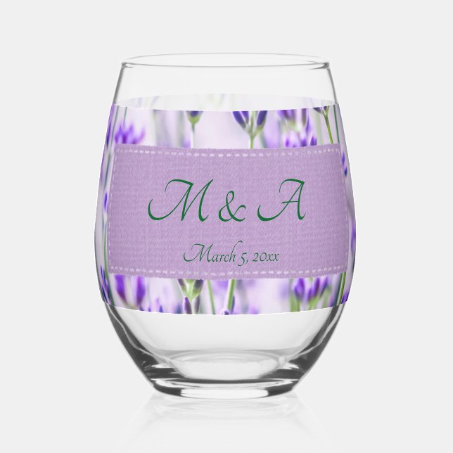 Lavender Fields Wedding Stemless Wine Glass (Front)
