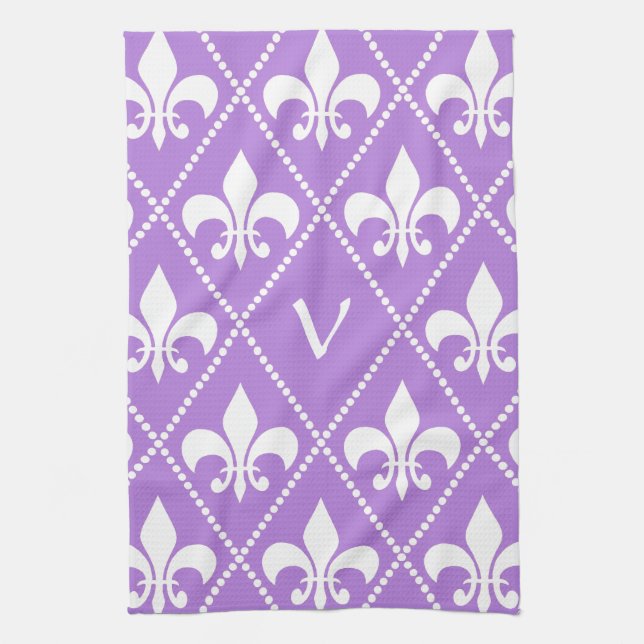 Lavender Fleur de Lis with monogram initial Kitchen Towel (Vertical)