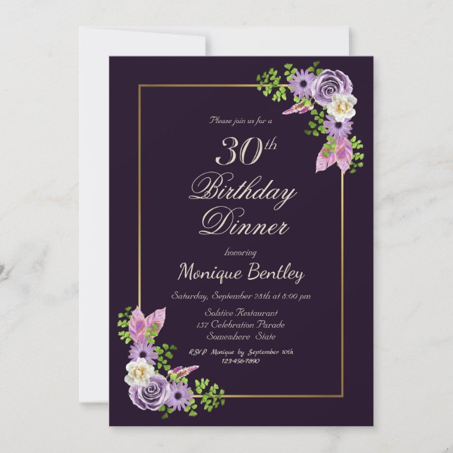 Lavender Floral 30th Birthday Dinner Invitation (Front)