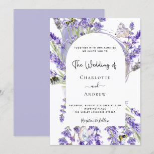 Lavender floral arch white script wedding invitation
