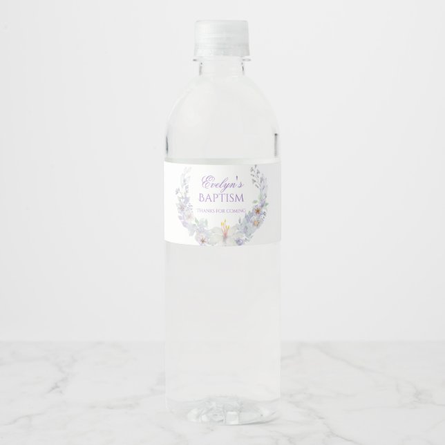 Lavender Floral Baptism Water Bottle Label (Front)