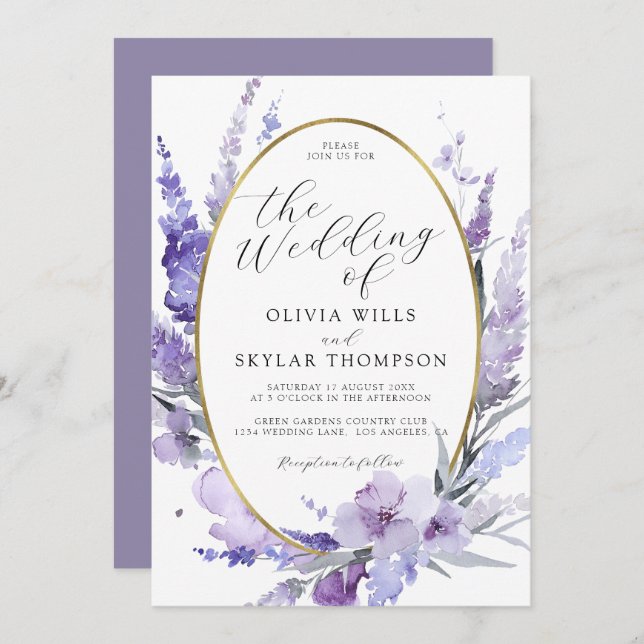 Lavender Floral Botanical Gold Frame Wedding  Invitation (Front/Back)