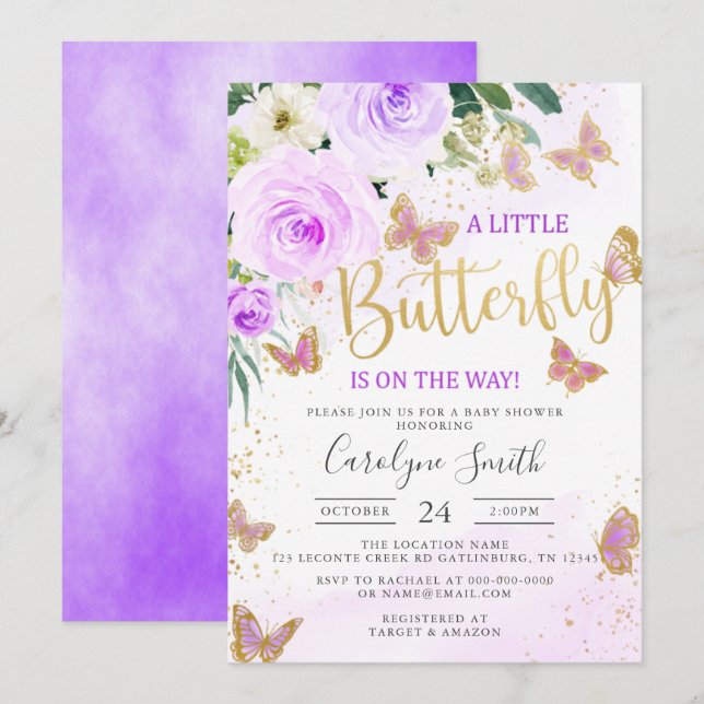 Lavender Floral Butterfly Baby Shower Invitation (Front/Back)