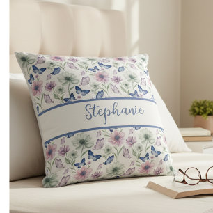 Lavender Floral Butterfly Monogram Throw Pillow