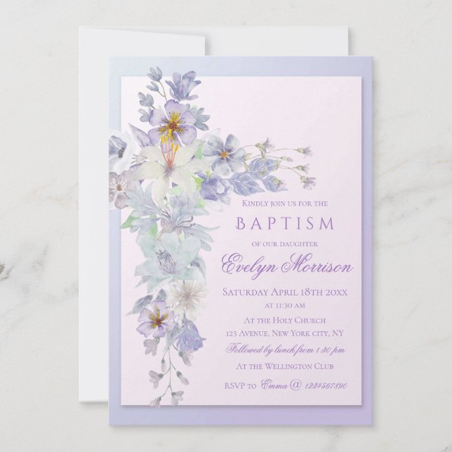 Lavender Floral Cross Baptism Invitation (Front)