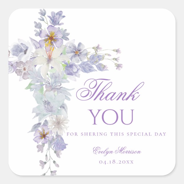 Lavender Floral Cross Baptism Sticker (Devant)