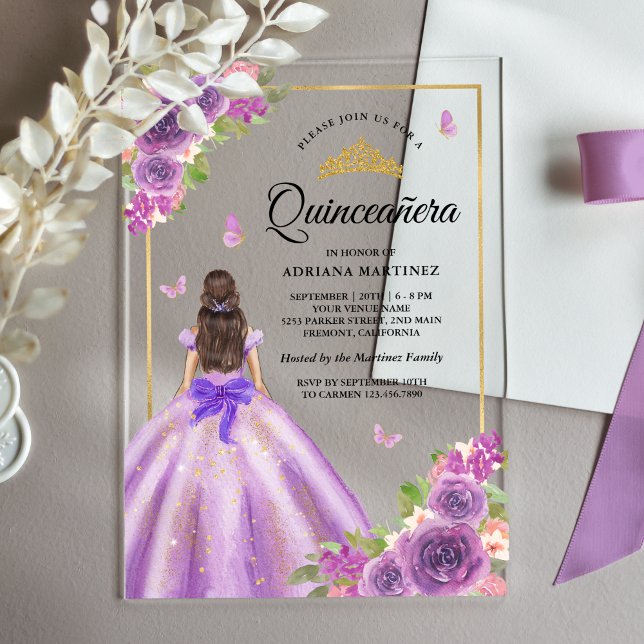 Lavender Floral Dress Butterfly Gold Quinceanera Acrylic Invitations (Creator Uploaded)
