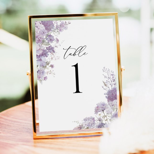 Lavender Floral Elegant Wedding Table Numbers (Lavender floral wedding table number card, watercolor hydrangea, purple reception table decor sign)