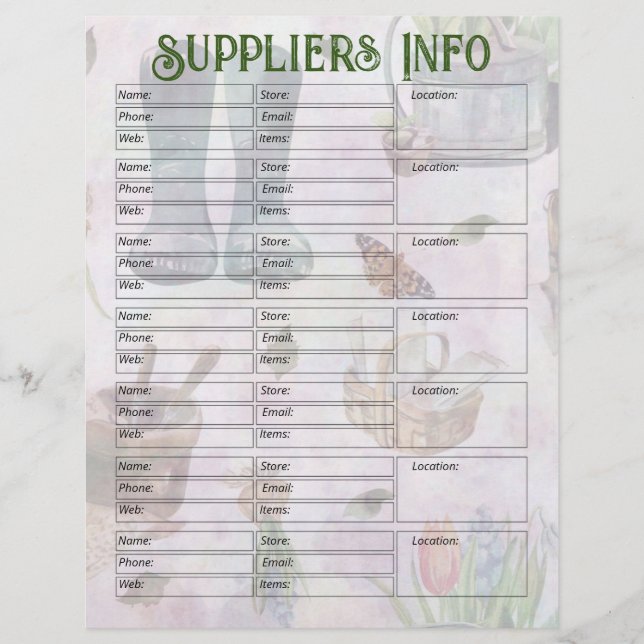 Lavender Floral Garden Planner Suppliers Info Page (Front)