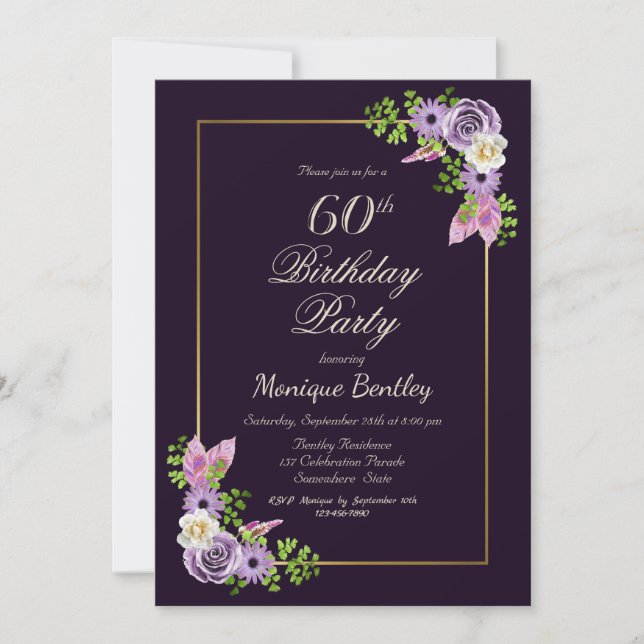 Lavender Floral Gold Border Purple 60th Birthday Invitation (Front)