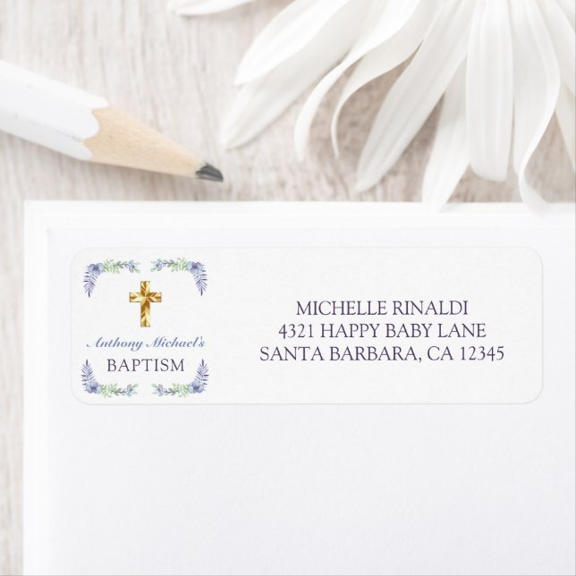 Lavender Floral Gold Cross Baby Baptism Address (Insitu)